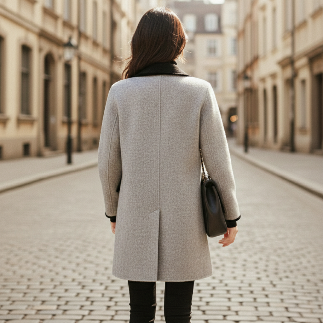 A woman wearing a knee-length double-breasted coat and black pants,  good for fall and winter outings.