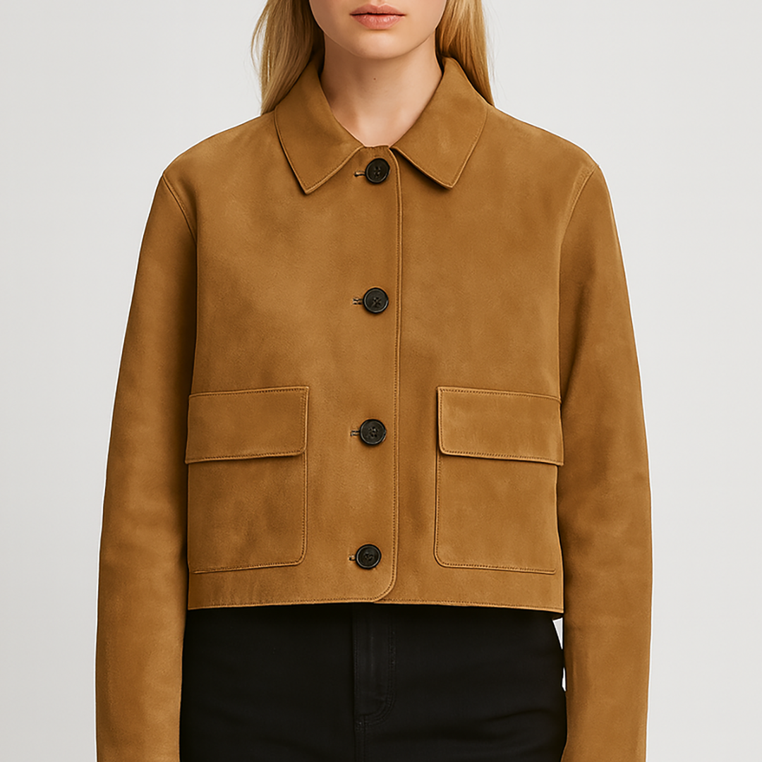Faux suede button-up jacket with flap pockets and turn-down collar
