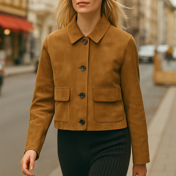 Faux suede button-up jacket with flap pockets and turn-down collar