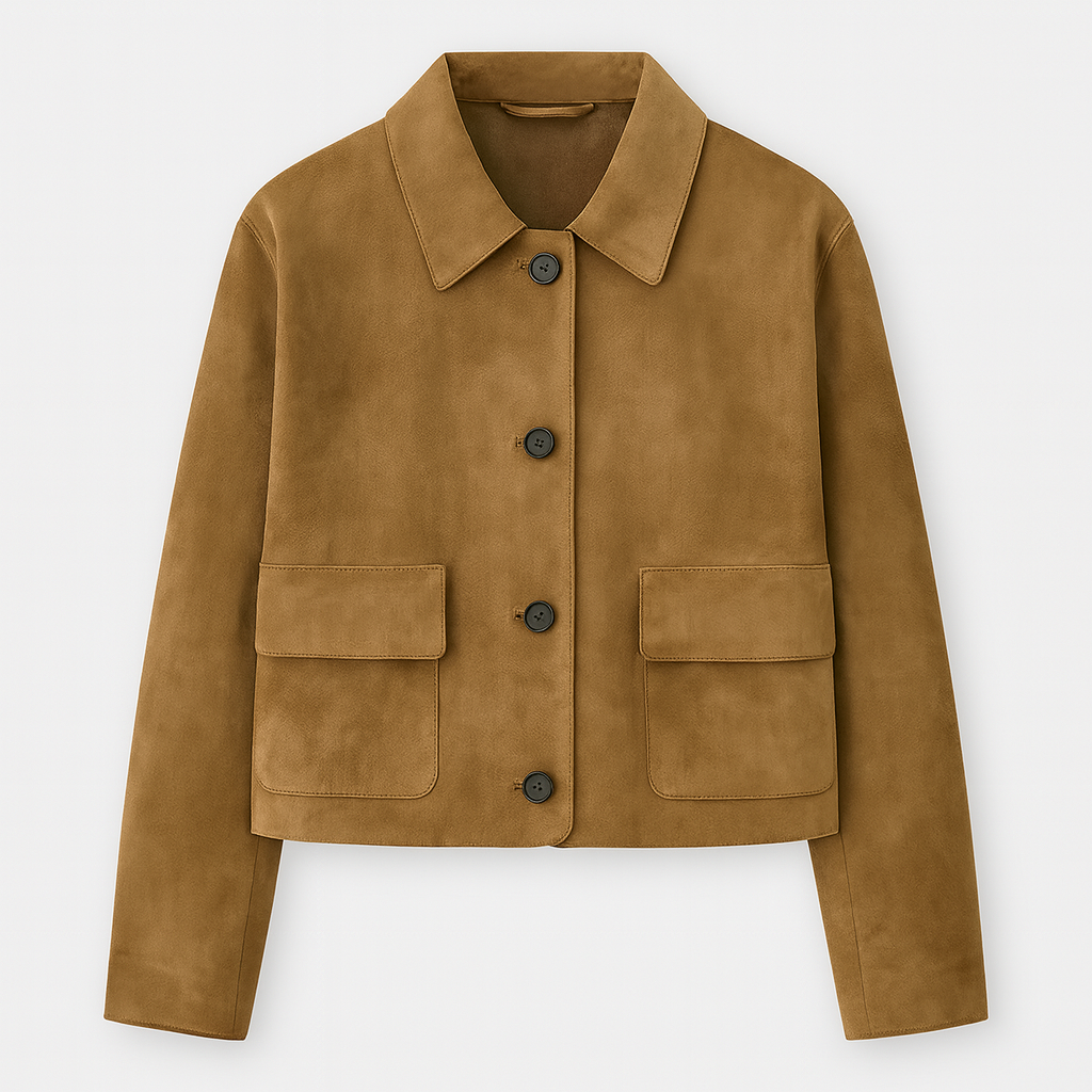 Faux suede button-up jacket with flap pockets and turn-down collar