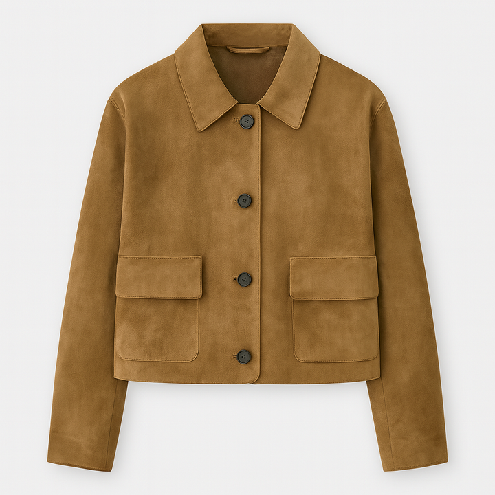 Faux suede button-up jacket with flap pockets and turn-down collar