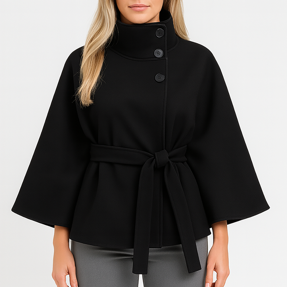 Wool-blend belted cape coat with high collar and buttoned front closure