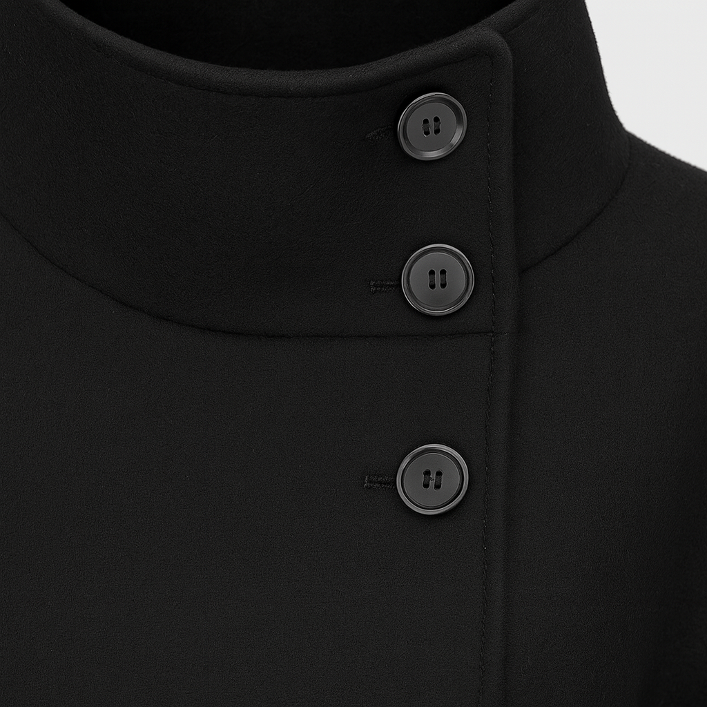 Wool-blend belted cape coat with high collar and buttoned front closure