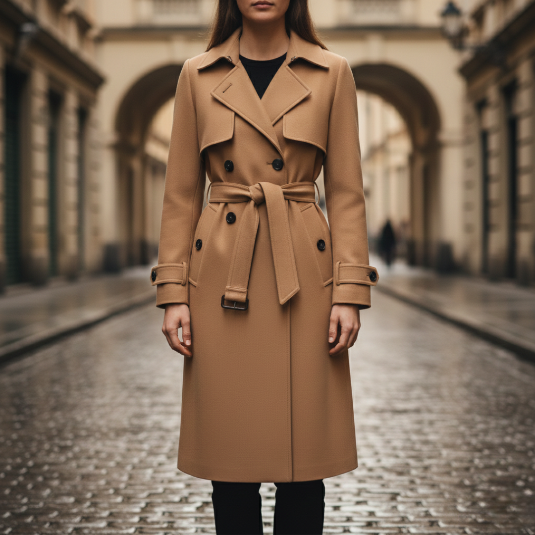 Classic brown trench coat with a belted waist, double-breasted front, and mid-calf length for elegant fall and spring wear.