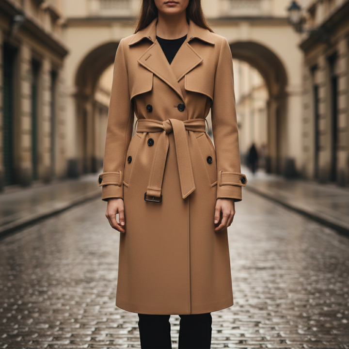 Classic brown trench coat with a belted waist, double-breasted front, and mid-calf length for elegant fall and spring wear.