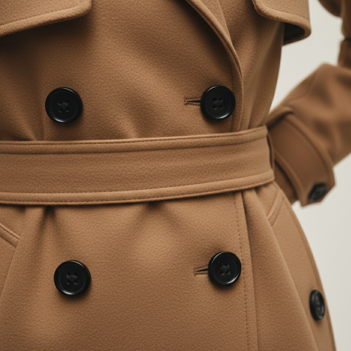 Close-up look of a trench coat with a belted waist, double-breasted front, and mid-calf length for elegant fall and spring wear.