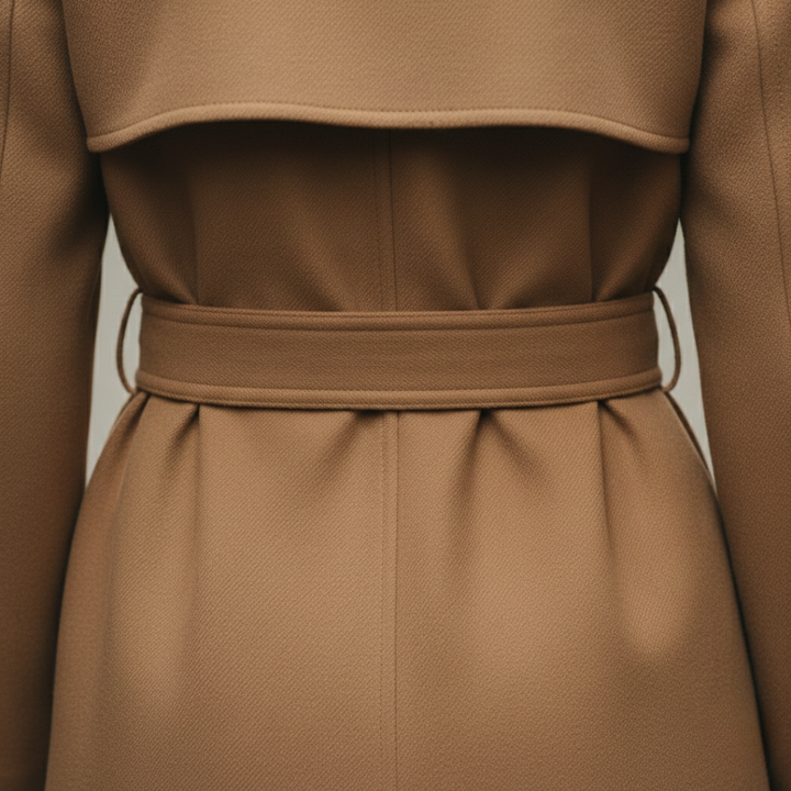 Back detailed, close-up look of a trench coat with a belted waist, double-breasted front, and mid-calf length for elegant fall and spring wear.
