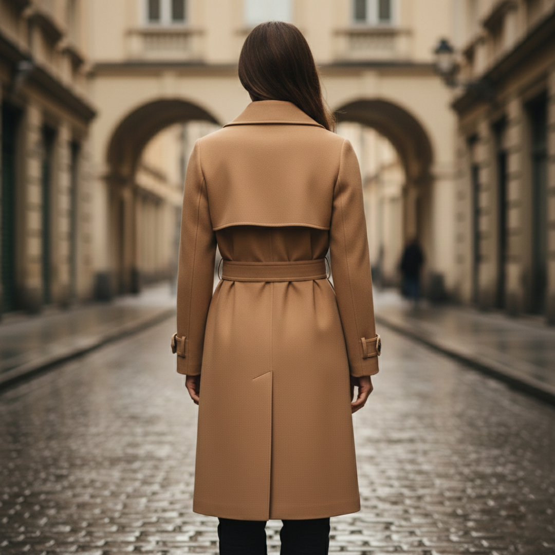 Back Details of a trench coat with a belted waist, double-breasted front, and mid-calf length for elegant fall and spring wear.