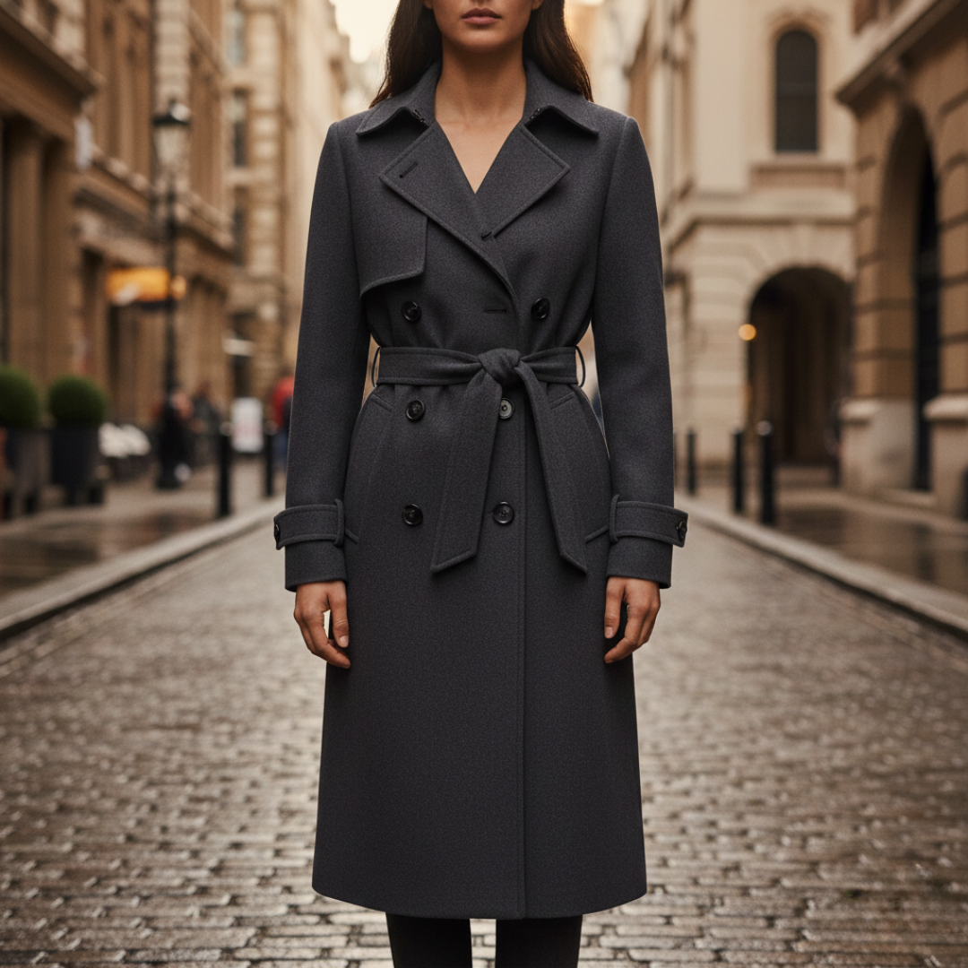 Classic dark grey trench coat with a belted waist, double-breasted front, and mid-calf length for elegant fall and spring wear.