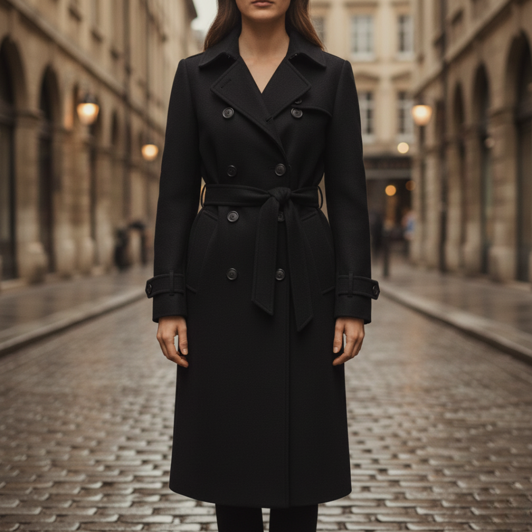 Classic black trench coat with a belted waist, double-breasted front, and mid-calf length for elegant fall and spring wear.