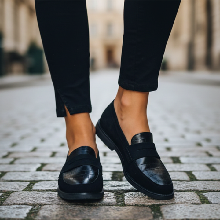 Classic black leather loafer with a rounded toe and slip-on design.