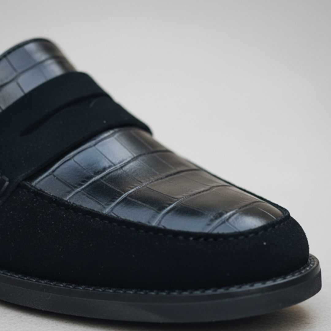 Classic black leather loafer with a rounded toe and slip-on design.