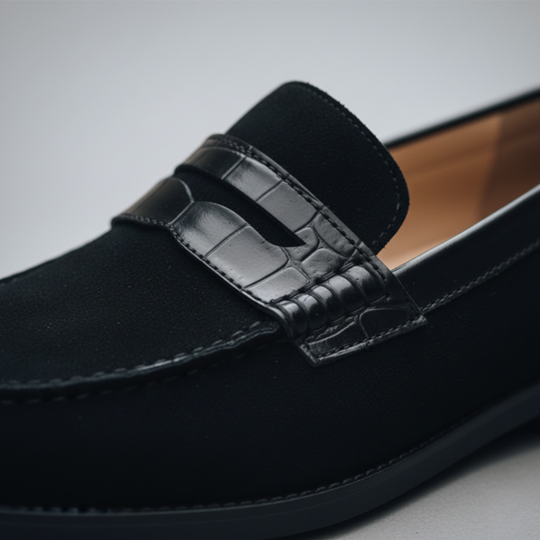 Classic black leather loafer with a rounded toe and slip-on design.
