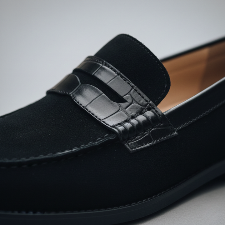 Classic black leather loafer with a rounded toe and slip-on design.