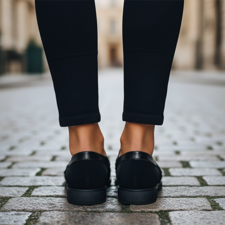 Classic black leather loafer with a rounded toe and slip-on design.