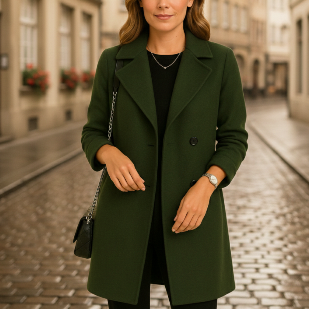 A woman in a knee-length green coat  stands on a cobblestone street, good for cold-weather fashion