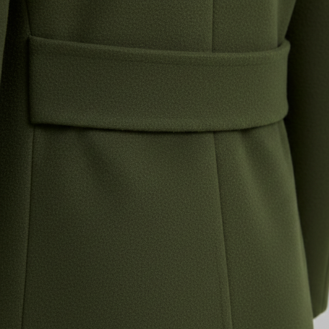 A woman in a knee-length green coat  stands on a cobblestone street, good for cold-weather fashion