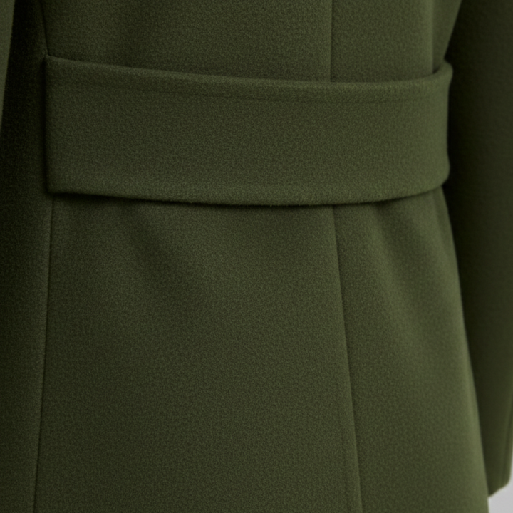 A woman in a knee-length green coat  stands on a cobblestone street, good for cold-weather fashion