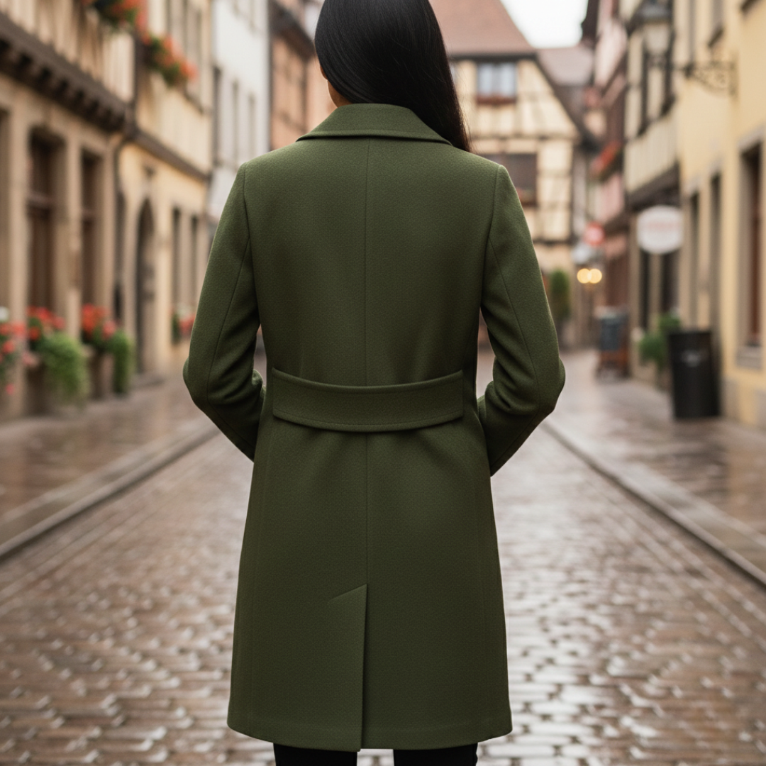 A woman in a knee-length green coat  stands on a cobblestone street, good for cold-weather fashion