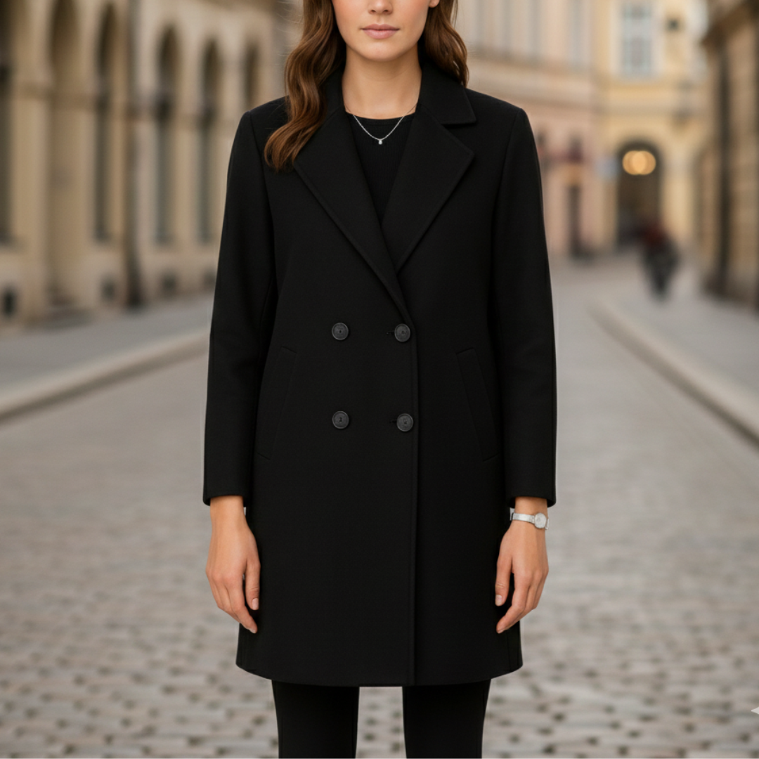 A woman in a knee-length black coat  stands on a cobblestone street, good for cold-weather fashion