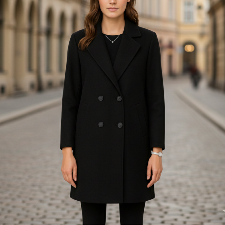 A woman in a knee-length black coat  stands on a cobblestone street, good for cold-weather fashion