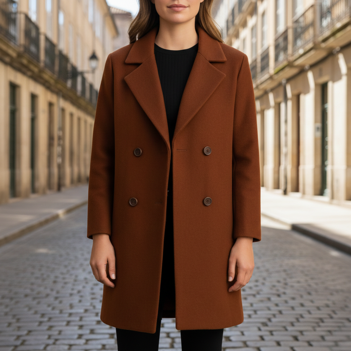 A woman in a knee-length brown coat  stands on a cobblestone street, good for cold-weather fashion