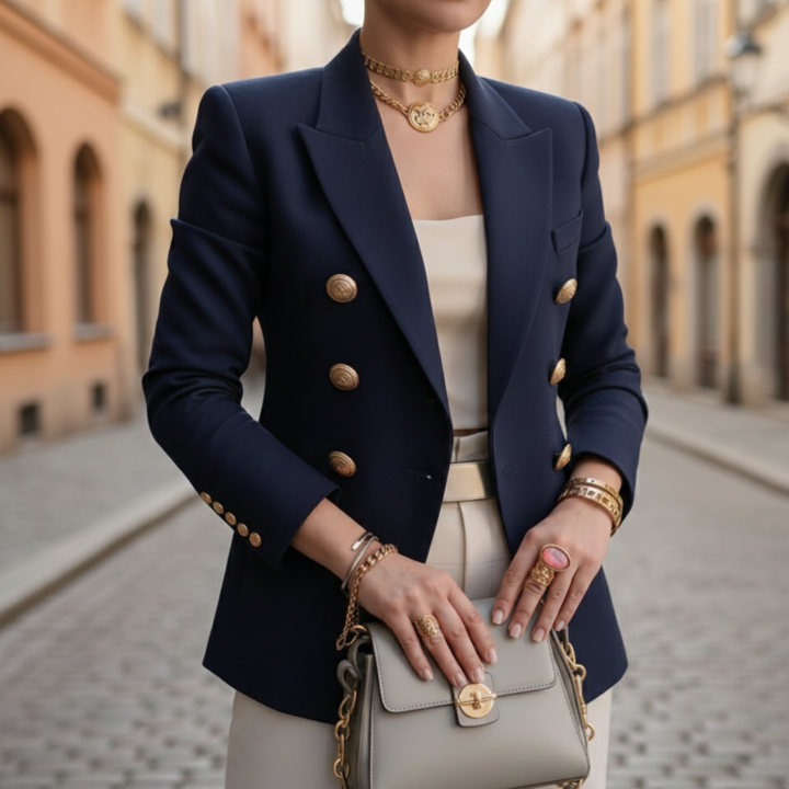 A woman wearing a chic navy suit with gold jewelry, for any occasion.