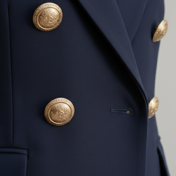 A woman wearing a chic navy suit with gold jewelry, for any occasion.