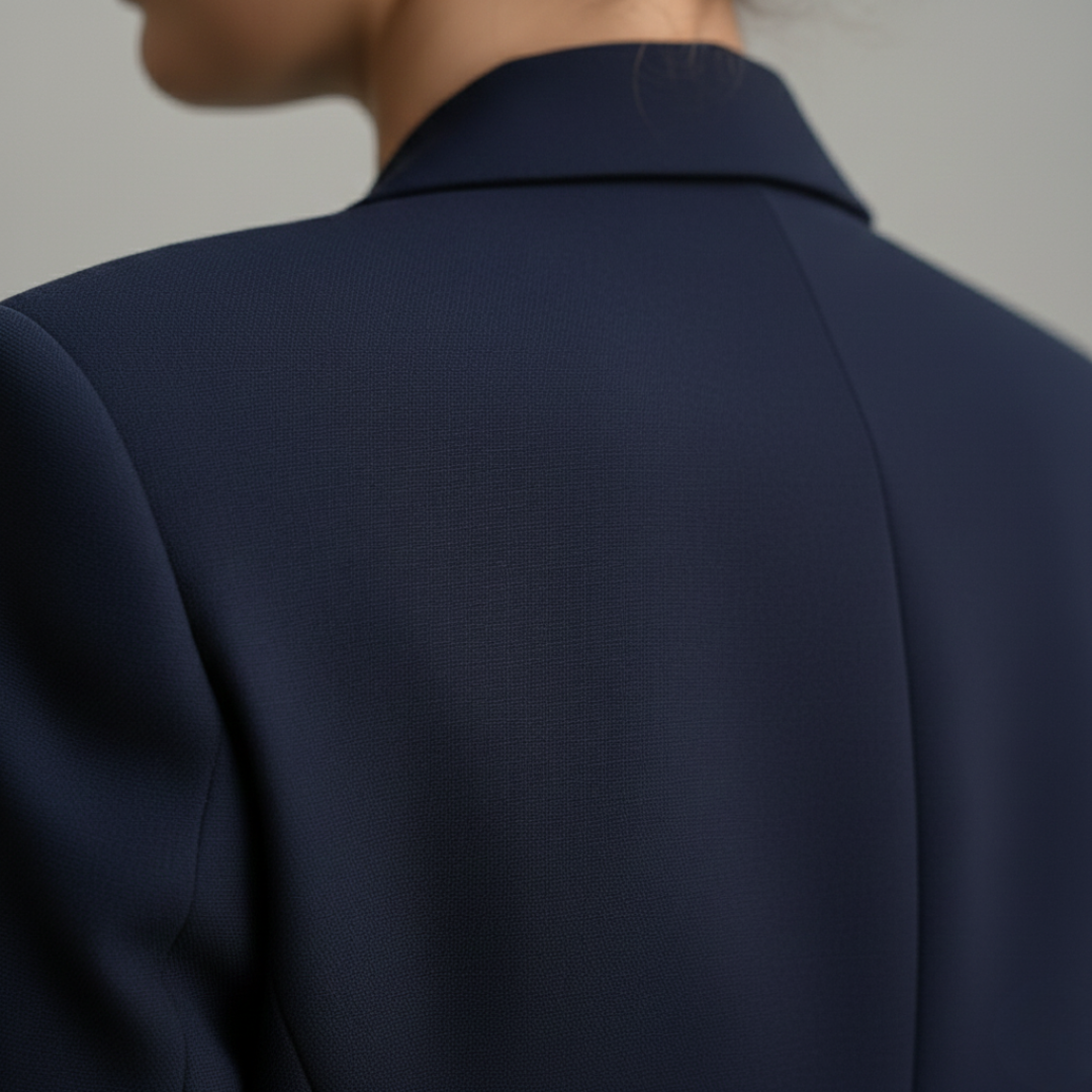 A woman wearing a chic navy suit with gold jewelry, for any occasion.