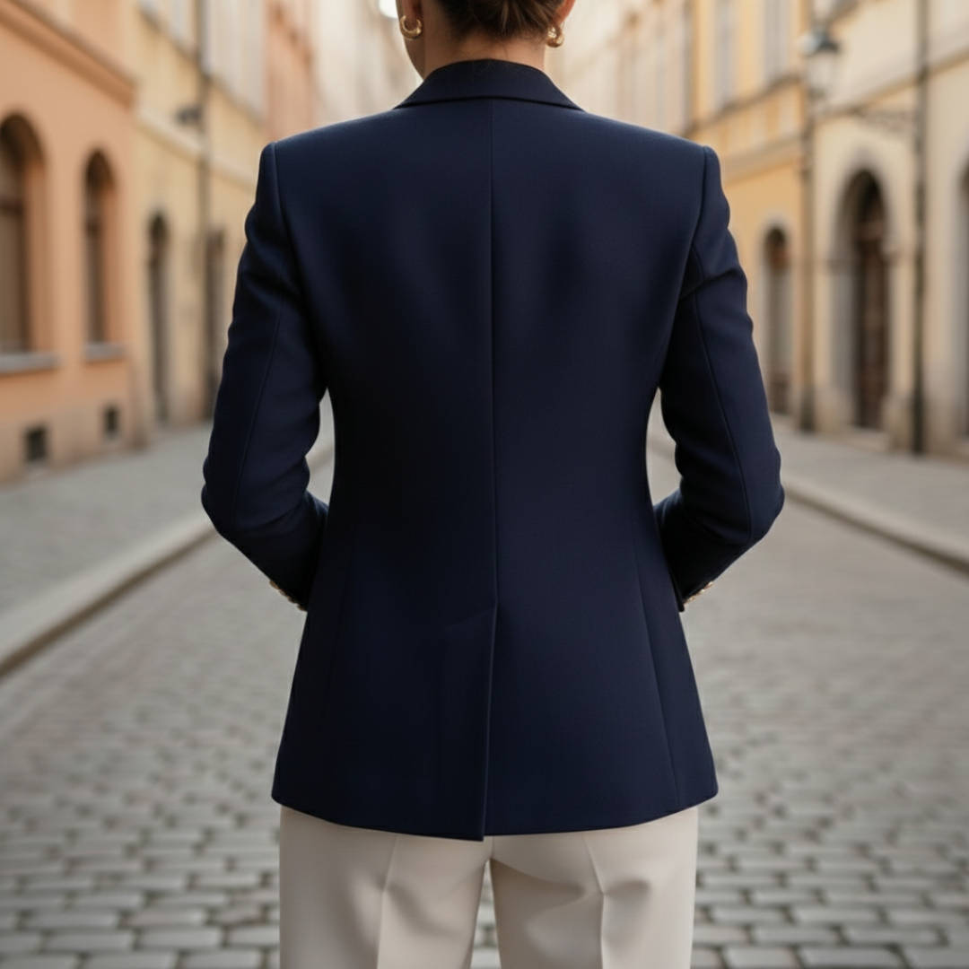 A woman wearing a chic navy suit with gold jewelry, for any occasion.