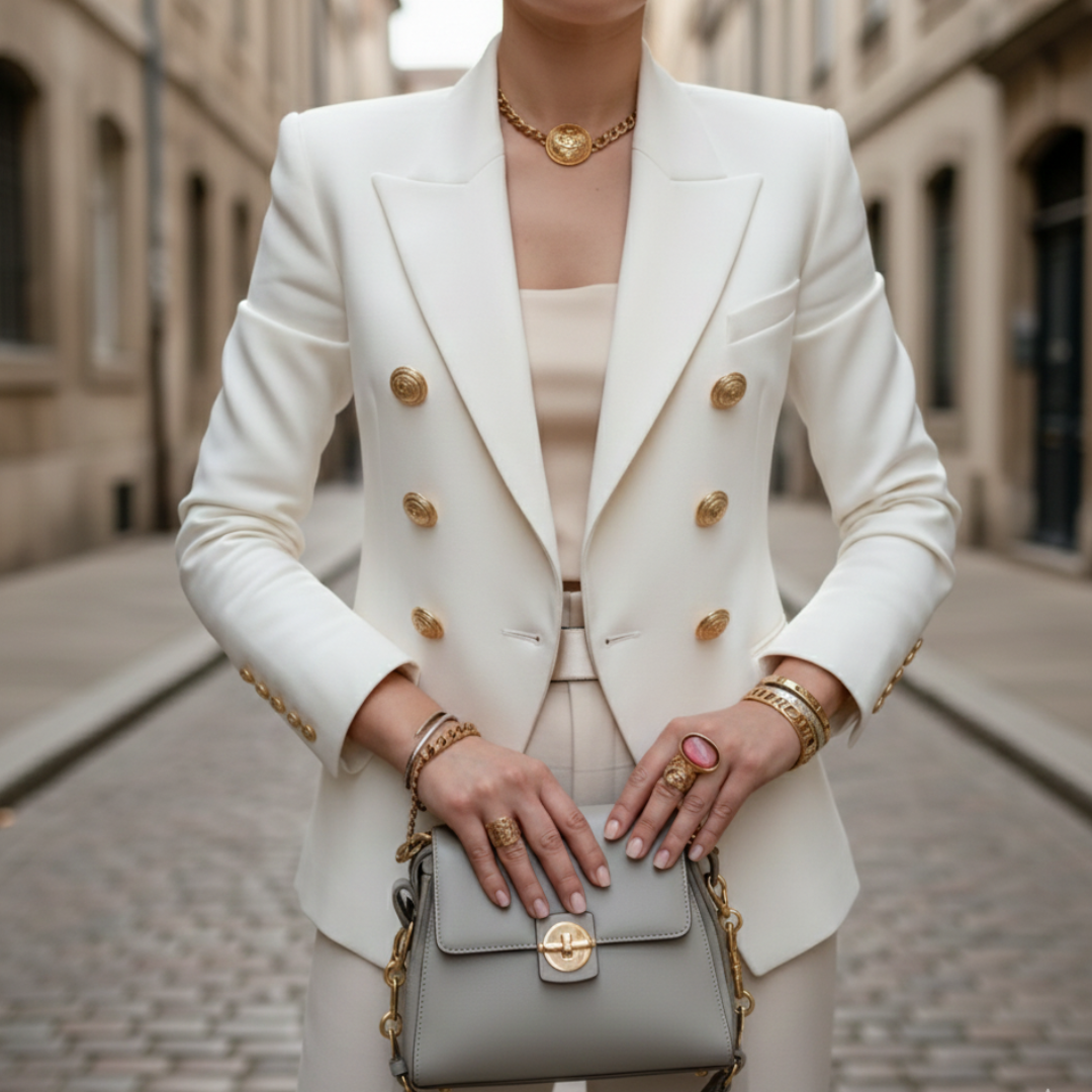 A woman wearing a chic white suit with gold jewelry, for any occasion.