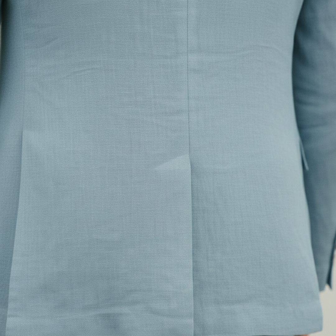 A man in a light blue linen suit stands on a cobblestone street.