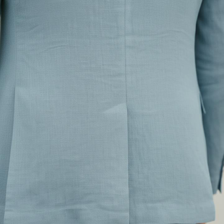A man in a light blue linen suit stands on a cobblestone street.
