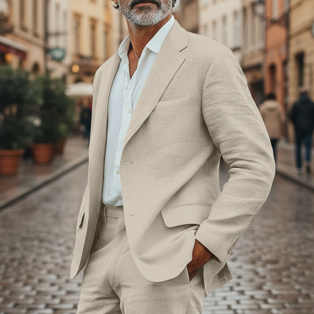 A man in a beige linen suit stands on a cobblestone street.