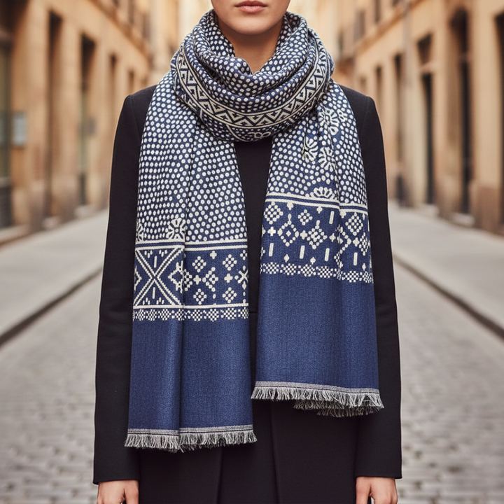 Blue and white geometric patterned scarf, made of 100% cotton, good for casual or polished outfits.