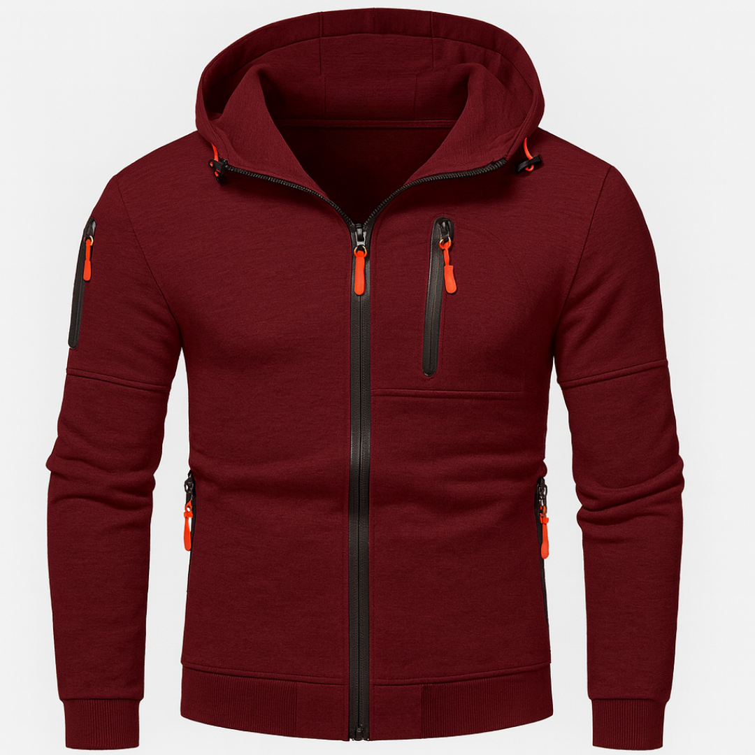  Maroon hoodie with an orange zipper, featuring a hooded neckline and long sleeves, ideal for casual and active wear.