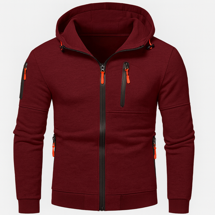  Maroon hoodie with an orange zipper, featuring a hooded neckline and long sleeves, ideal for casual and active wear.