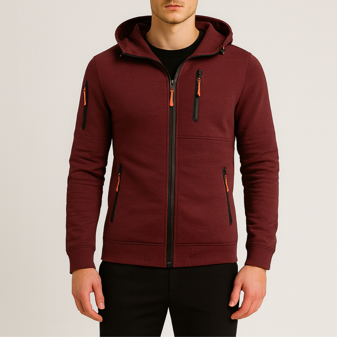  Maroon hoodie with an orange zipper, featuring a hooded neckline and long sleeves, ideal for casual and active wear.