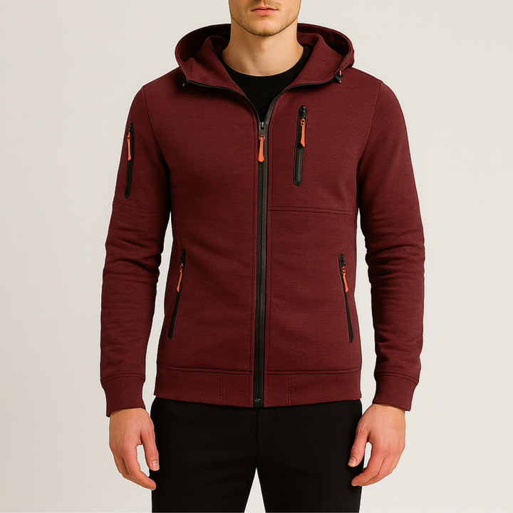  Maroon hoodie with an orange zipper, featuring a hooded neckline and long sleeves, ideal for casual and active wear.