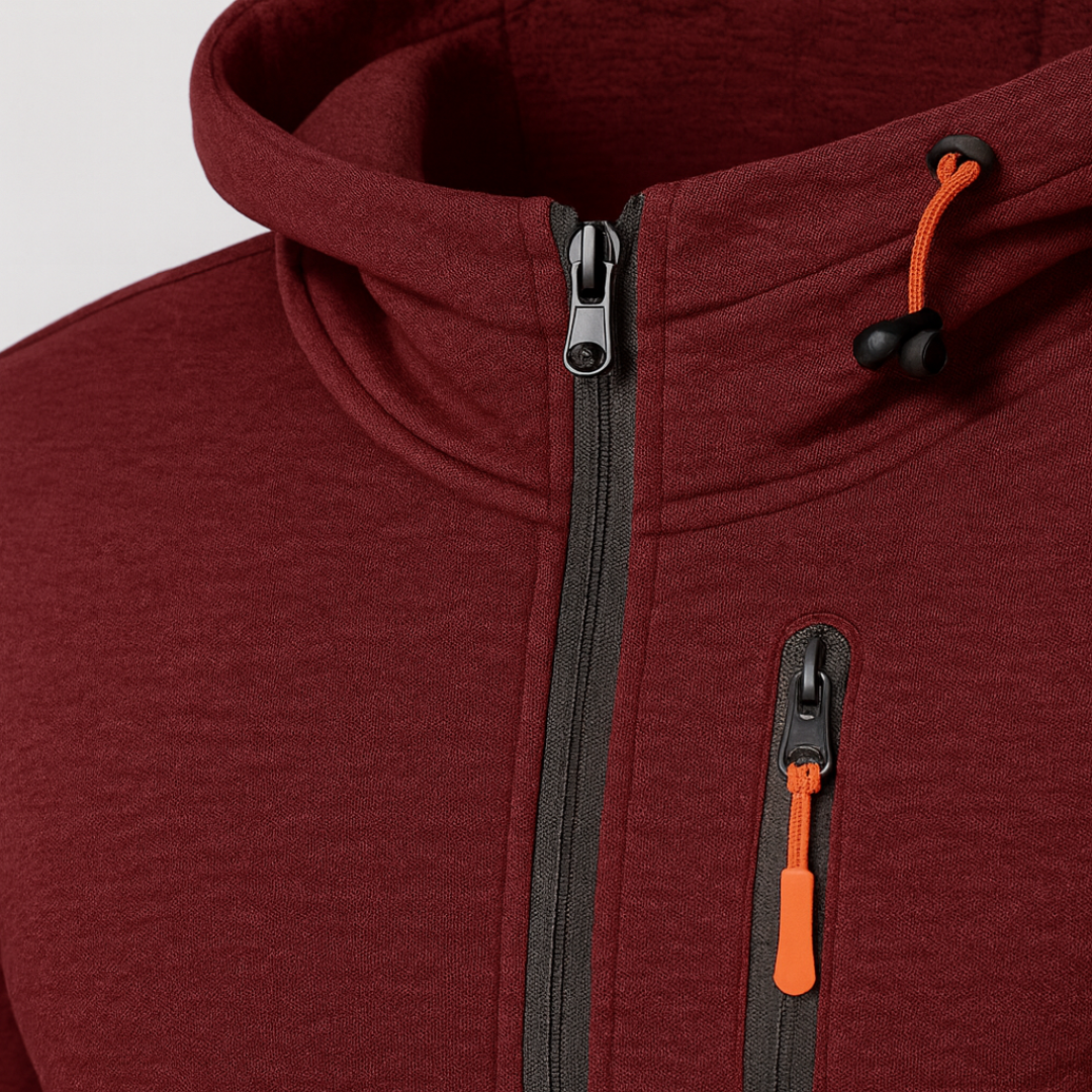  Maroon hoodie with an orange zipper, featuring a hooded neckline and long sleeves, ideal for casual and active wear.
