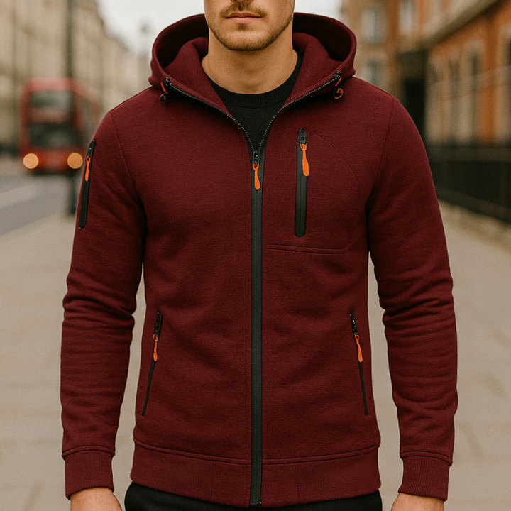  Maroon hoodie with an orange zipper, featuring a hooded neckline and long sleeves, ideal for casual and active wear.