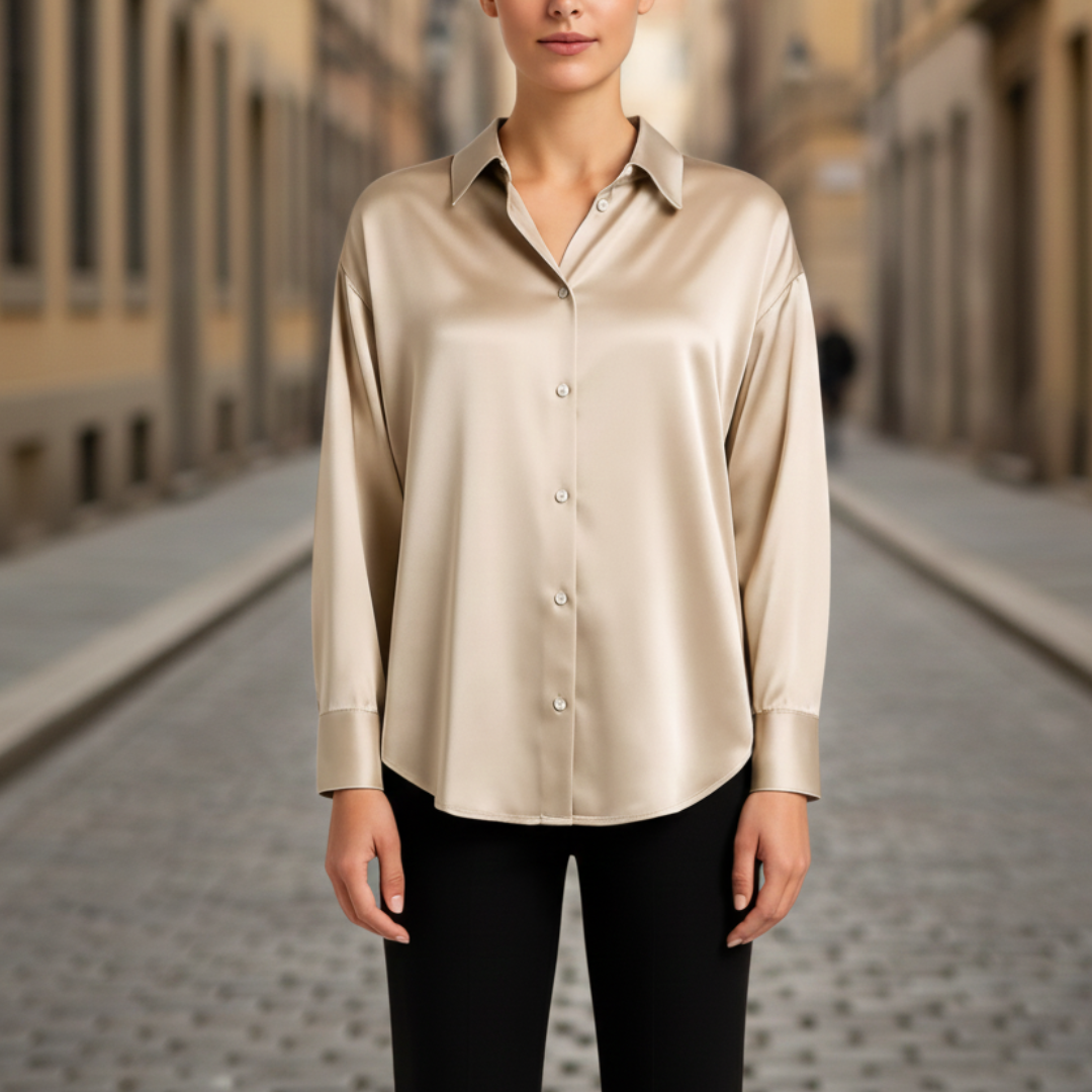 Silk blouse featuring a minimalist design, long sleeves, and a turn-down collar, perfect for any occasion.