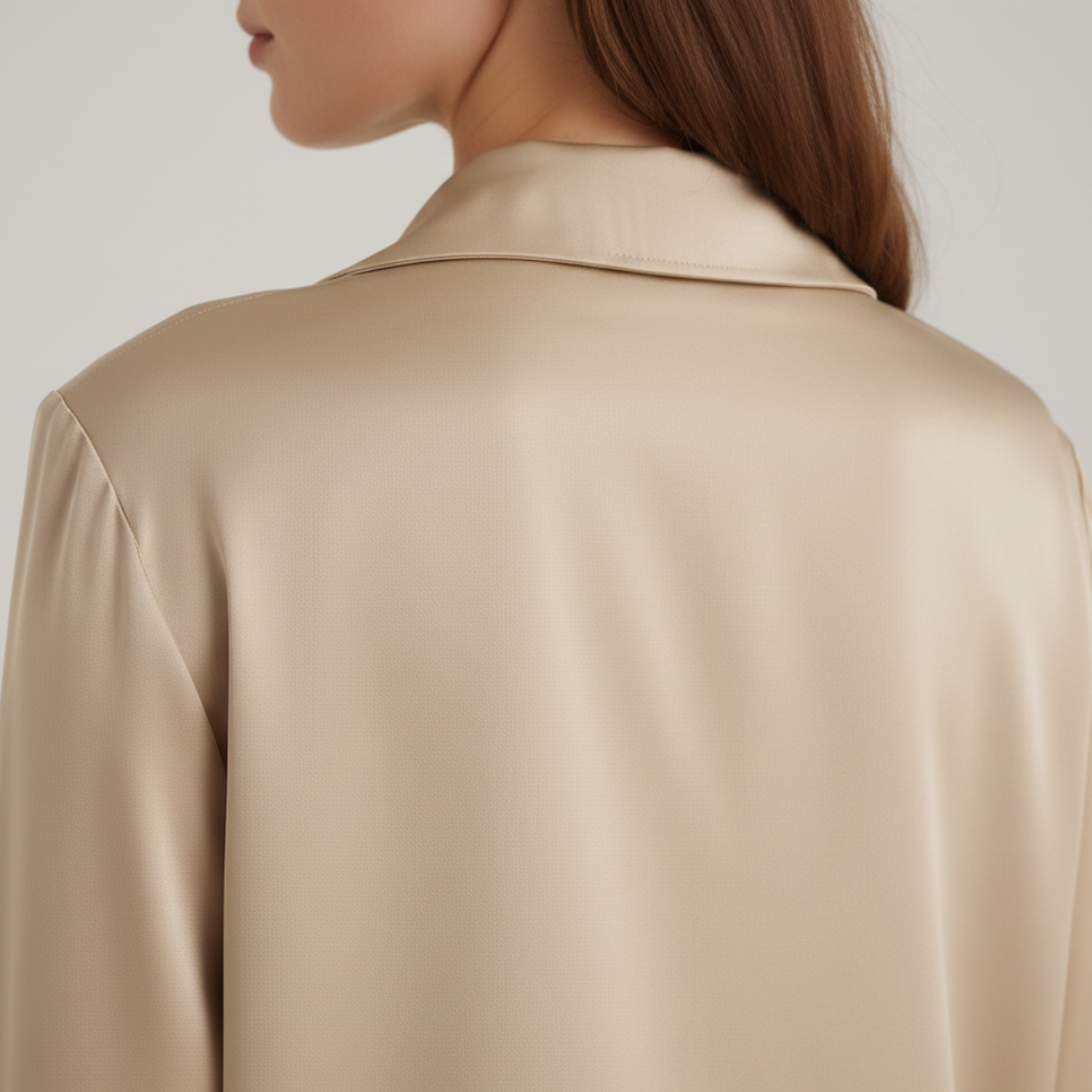 Silk blouse featuring a minimalist design, long sleeves, and a turn-down collar, perfect for any occasion.