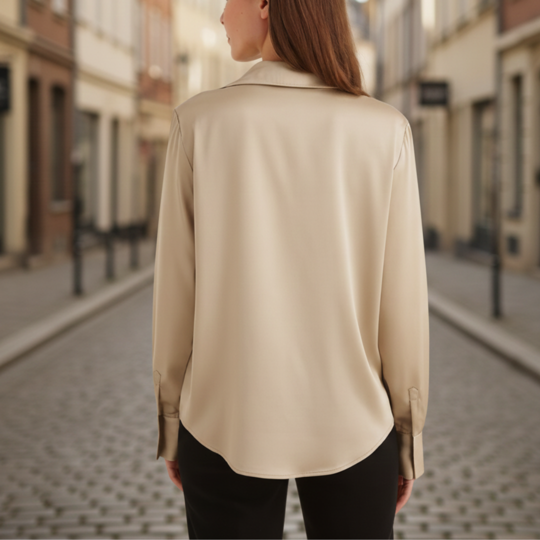 Silk blouse featuring a minimalist design, long sleeves, and a turn-down collar, perfect for any occasion.