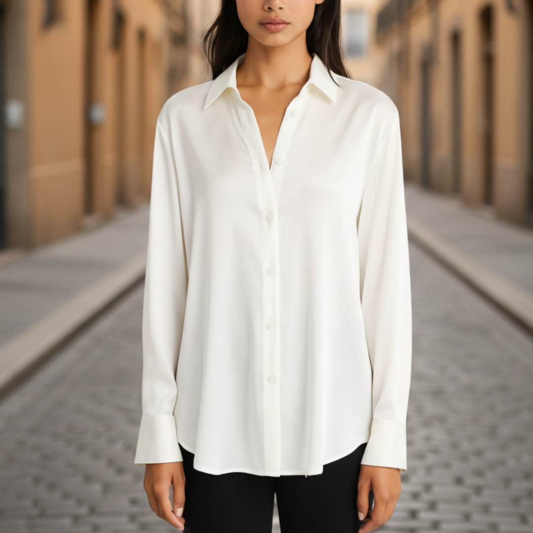 Silk blouse featuring a minimalist design, long sleeves, and a turn-down collar, perfect for any occasion.