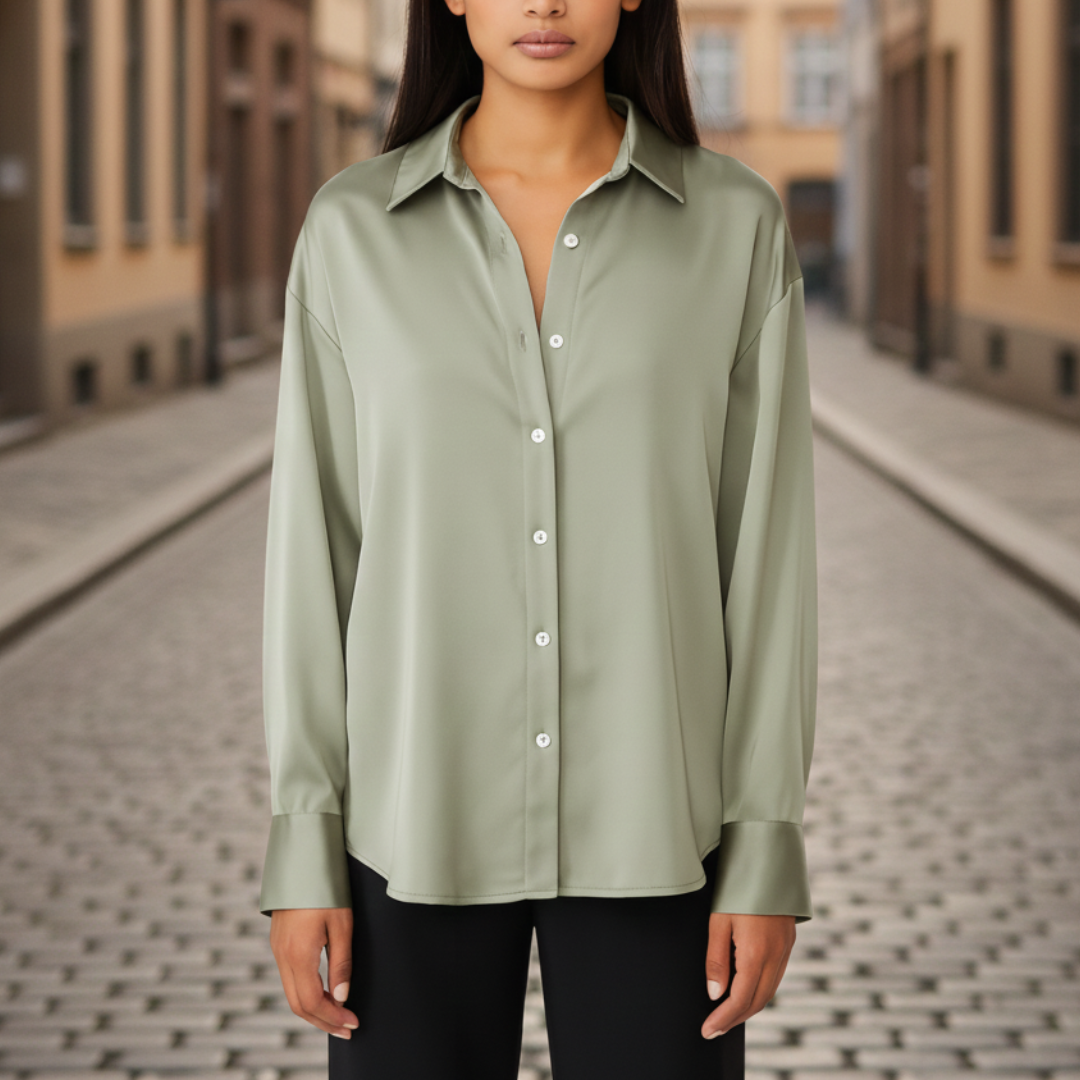 Silk blouse featuring a minimalist design, long sleeves, and a turn-down collar, perfect for any occasion.