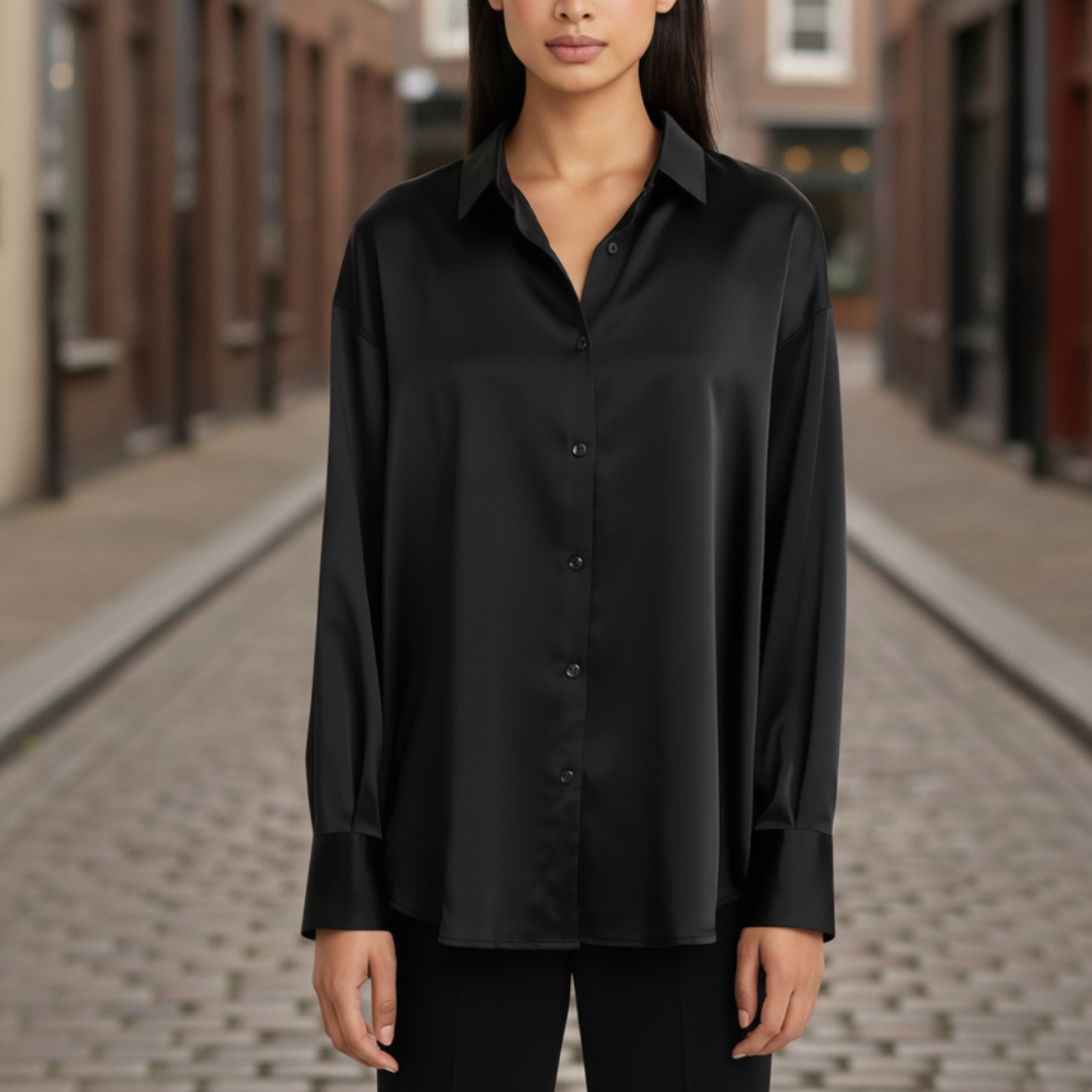 Silk blouse featuring a minimalist design, long sleeves, and a turn-down collar, perfect for any occasion.