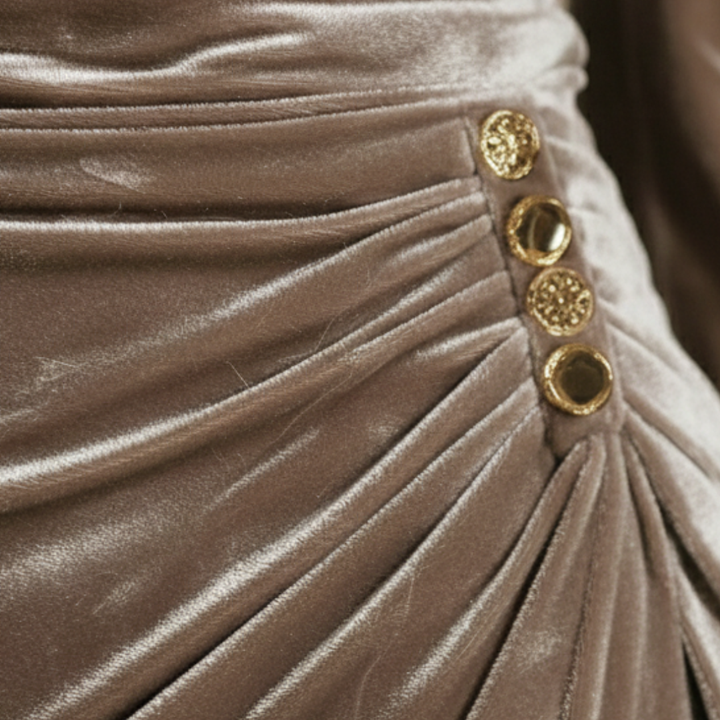  A mid-length, long-sleeved velvet dress with a draped cowl neckline, good for formal occasions.