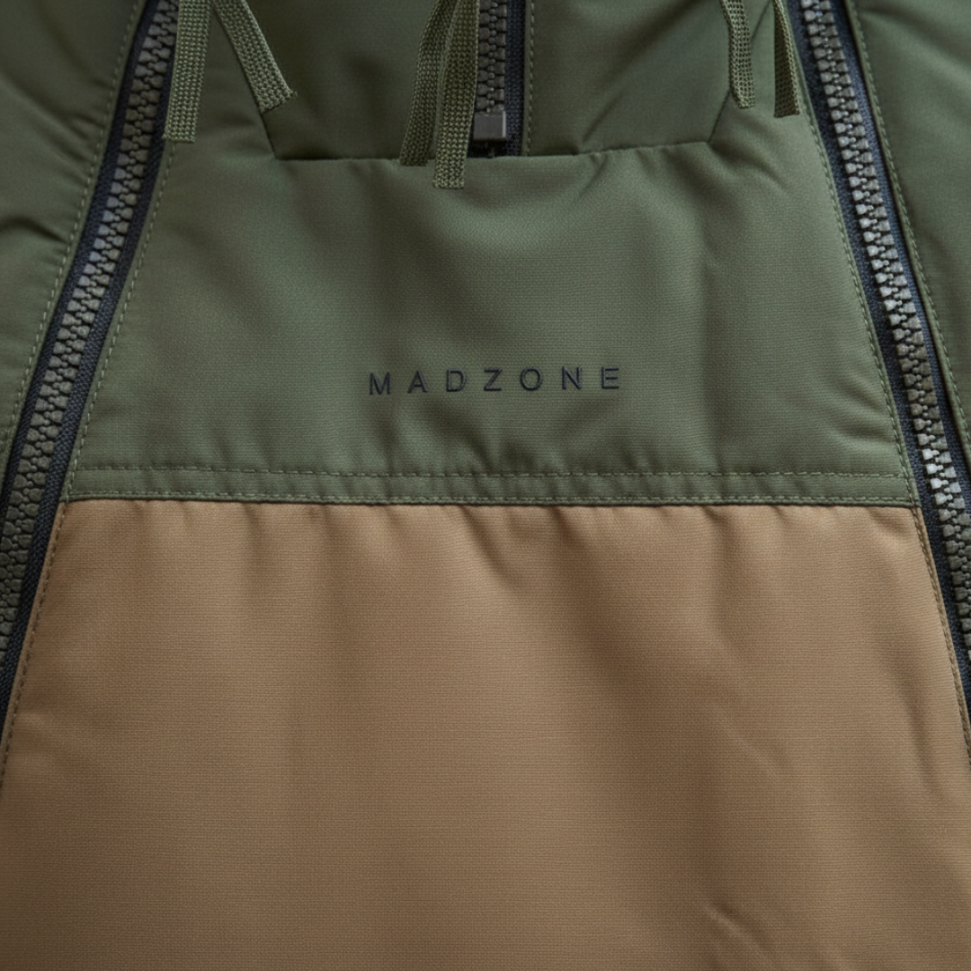 A man dressed in a green and brown utility jacket with a lace-up front.