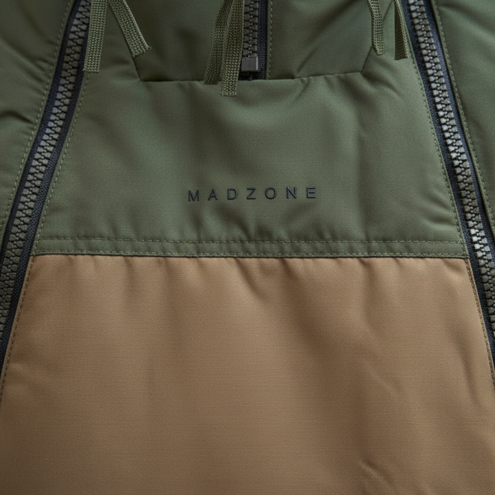 A man dressed in a green and brown utility jacket with a lace-up front.